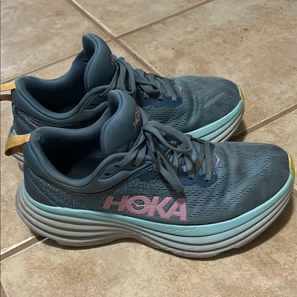 Hoka Blue and Pink Athletic Shoes with Maximalist Cushioning